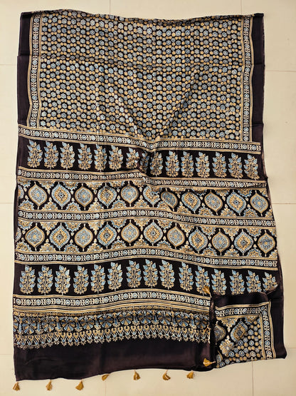Brown Ajrakh Floral Jaal Handblock Printed Modal Silk Saree – Authentic Kutch Ajrakh Design