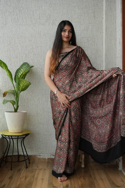 Brown Ajrakh Floral Jaal Handblock Printed Modal Silk Saree – Authentic Kutch Ajrakh Design
