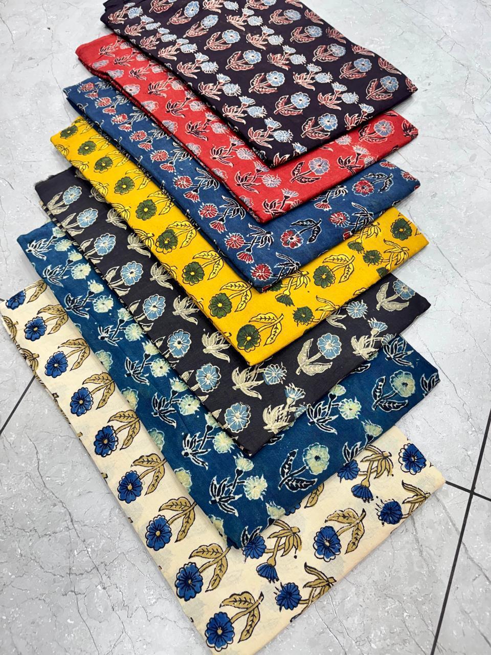 Black butta multi-colour Ajrakh pure cotton fabric with fine block-printed detailing – artisan wholesale fabric Fabtexs