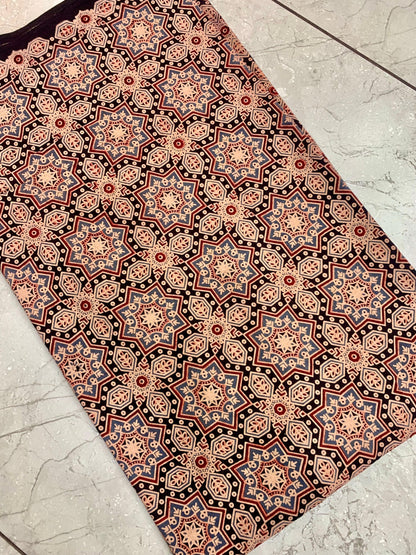 Brown pure cotton Ajrakh fabric wholesale featuring earthy, natural-dyed block prints ideal for ethnic wear.