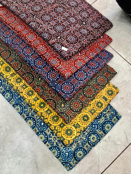 Ajrakh pure cotton handblock printed fabric with circular geometric motifs in traditional layout