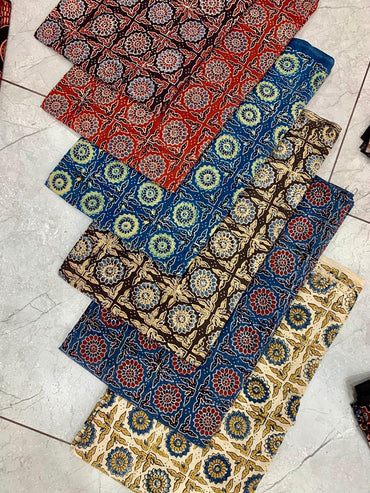 Ajrakh pure cotton handblock printed fabric with multicolour traditional handblock patterns