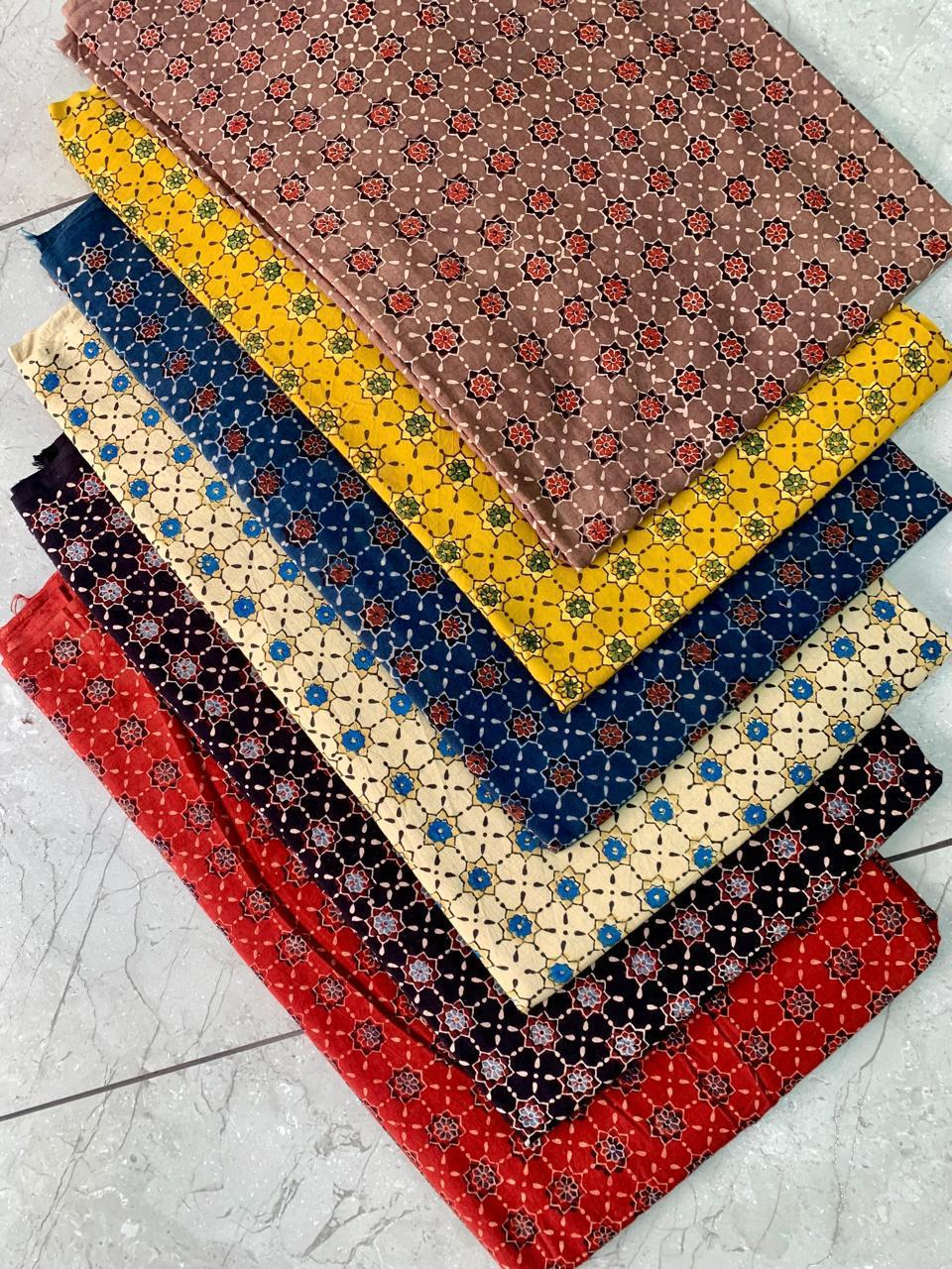 Cream Ajrakh pure cotton handblock printed fabric with natural-dye motifs, wholesale collection by Fabtexs.