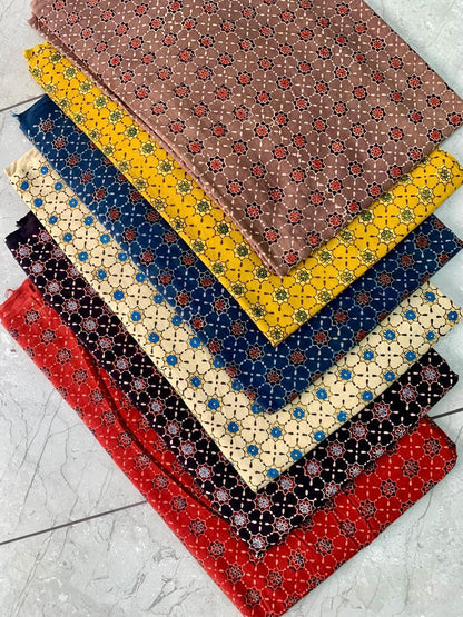 Cream Ajrakh pure cotton handblock printed fabric with natural-dye motifs, wholesale collection by Fabtexs.