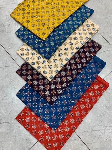 Ajrakh pure cotton handblock printed fabric in cream base with classic handblock patterns