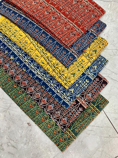 Ajrakh pure cotton handblock printed fabric in cream base with traditional handblock designs