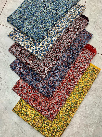 Ajrakh pure cotton handblock printed fabric in cream base with floral multicolour butti design