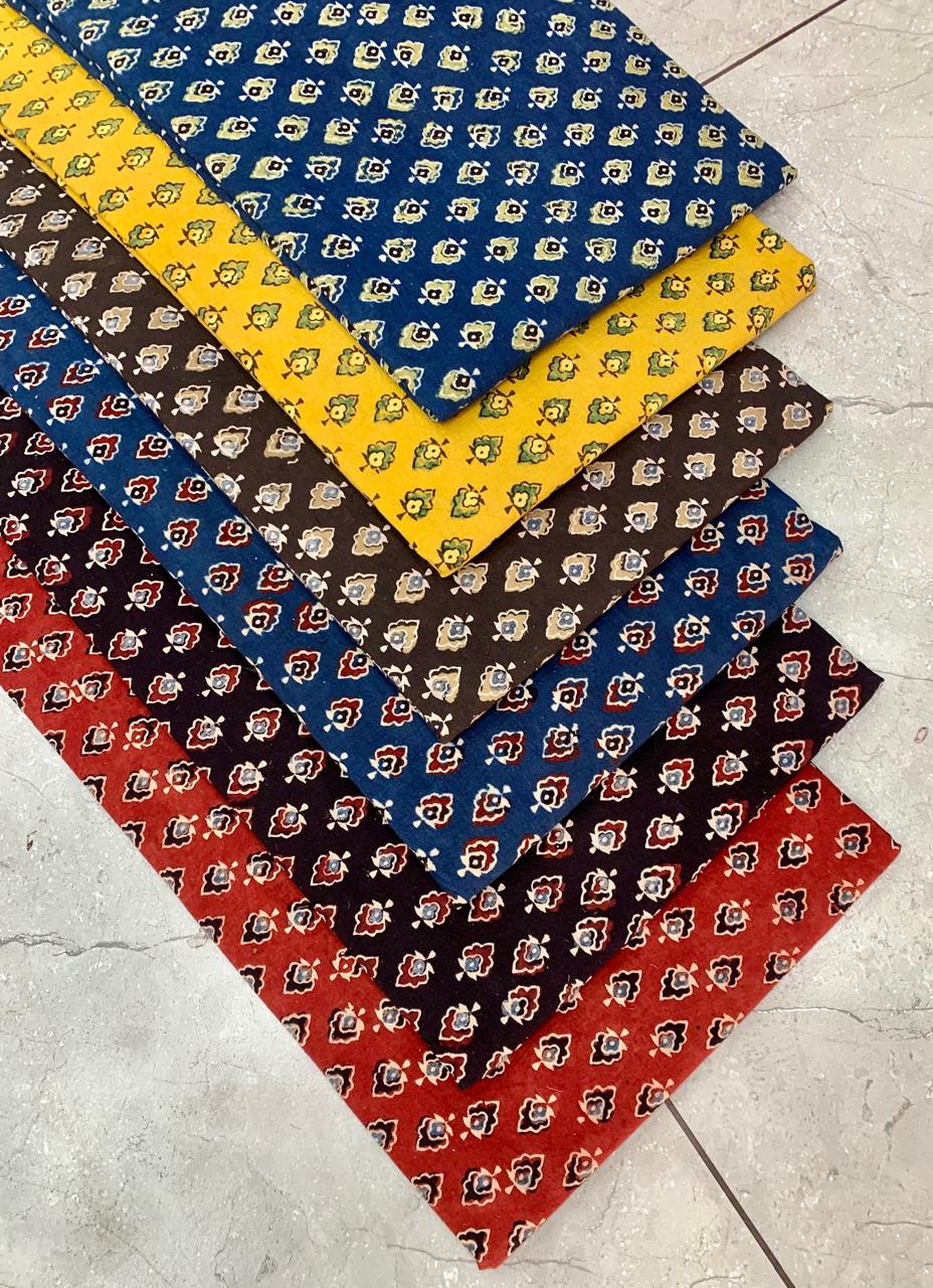 Ajrakh pure cotton handblock printed fabric in cream base with floral multicolour butti design