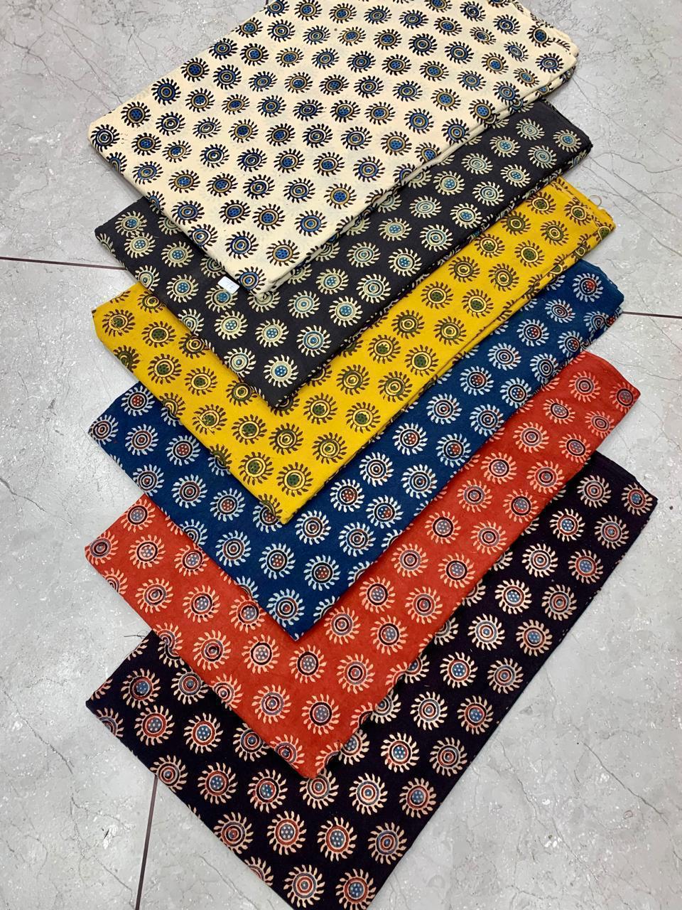 Ajrakh pure cotton handblock printed fabric in cream base with multicolour square geometric pattern