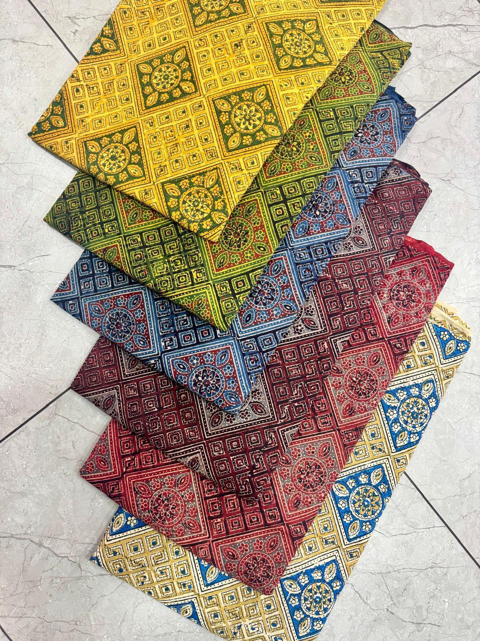 Ajrakh geometrical handblock printed pure cotton fabric – wholesale artisan-made indigo textile by Fabtexs