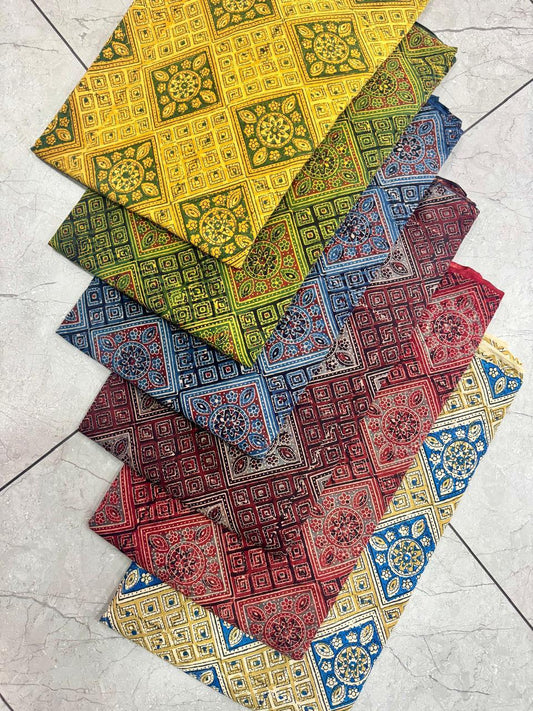 Ajrakh geometrical handblock printed pure cotton fabric – wholesale artisan-made indigo textile by Fabtexs