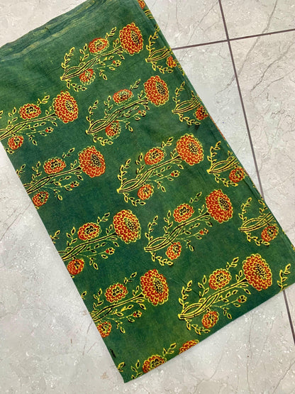 Green Ajrakh floral butta pure cotton handblock printed wholesale fabric in artisanal tones by Fabtexs.