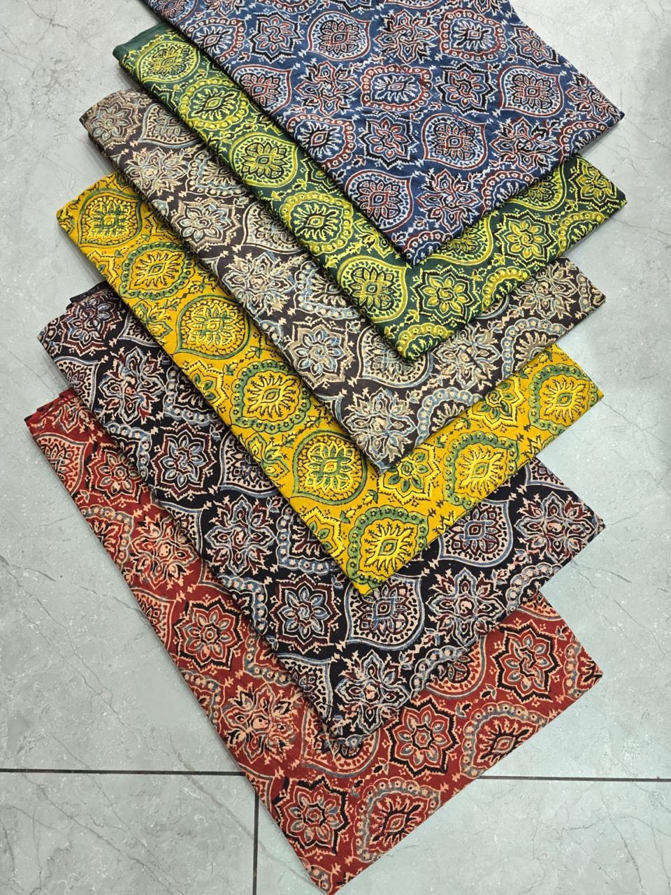 Green multi-colour Ajrakh cotton fabric with natural-dye block prints – premium wholesale fabric from Fabtexs