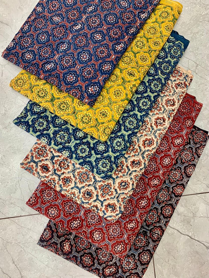 Ajrakh pure cotton handblock printed fabric in green base with multicolour traditional motifs