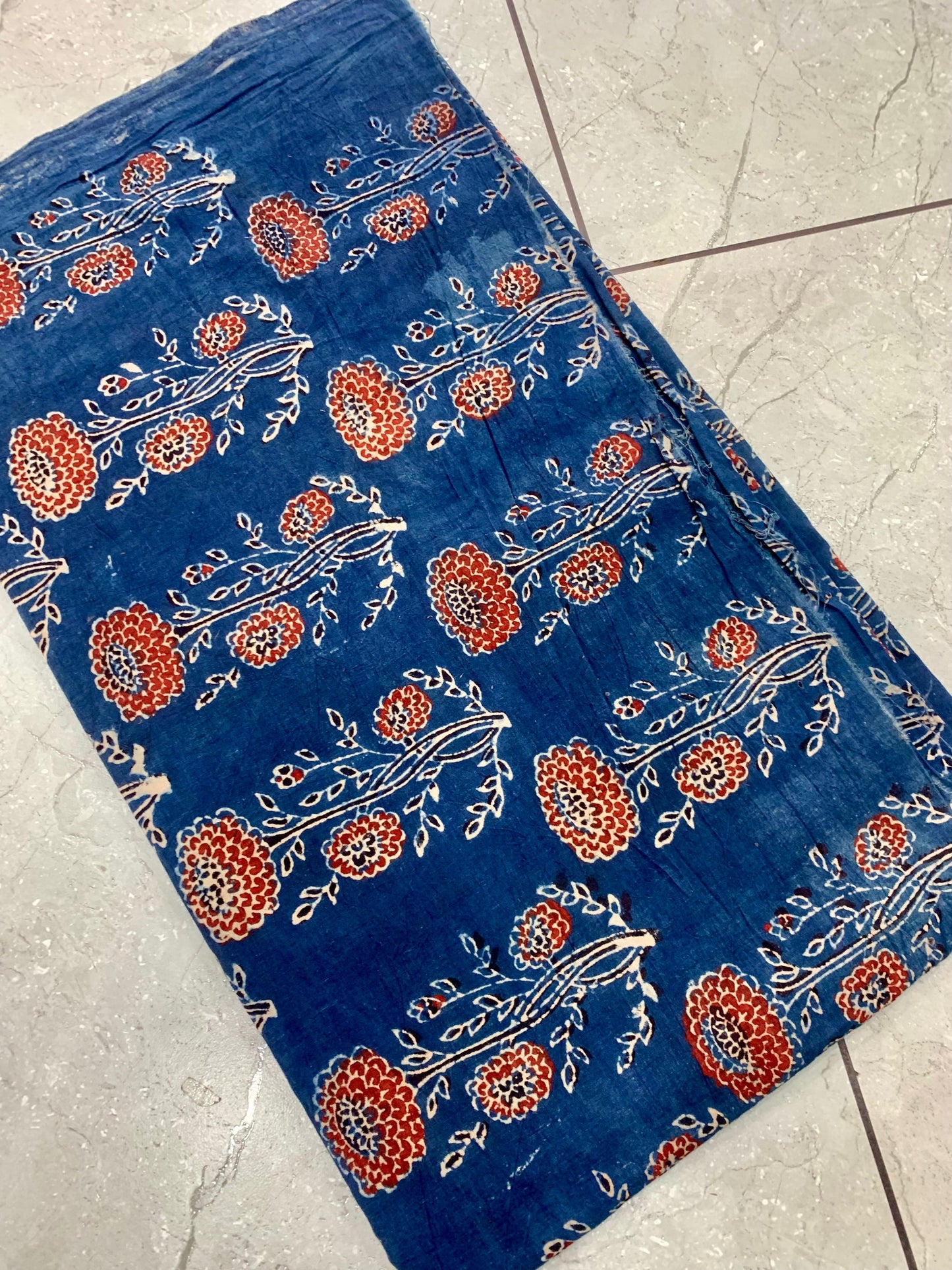 Indigo Ajrakh big-butta pure cotton handblock printed wholesale fabric using traditional natural dye techniques by Fabtexs.