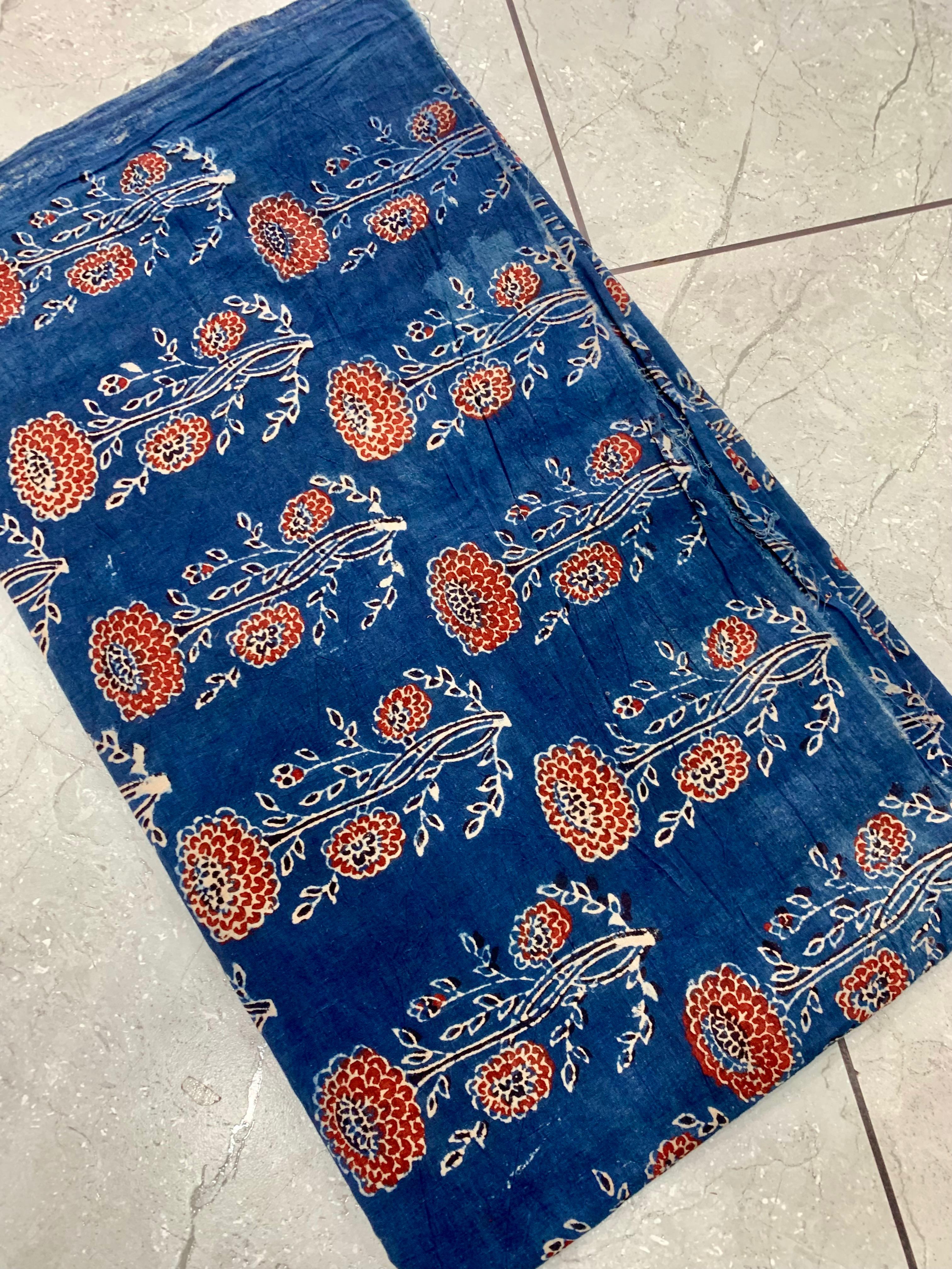 Indigo Ajrakh big-butta pure cotton handblock printed wholesale fabric using traditional natural dye techniques by Fabtexs.