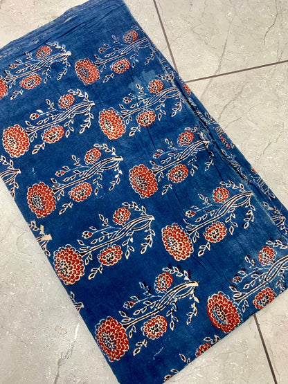Indigo Ajrakh big-butta pure cotton handblock printed wholesale fabric using traditional natural dye techniques by Fabtexs.