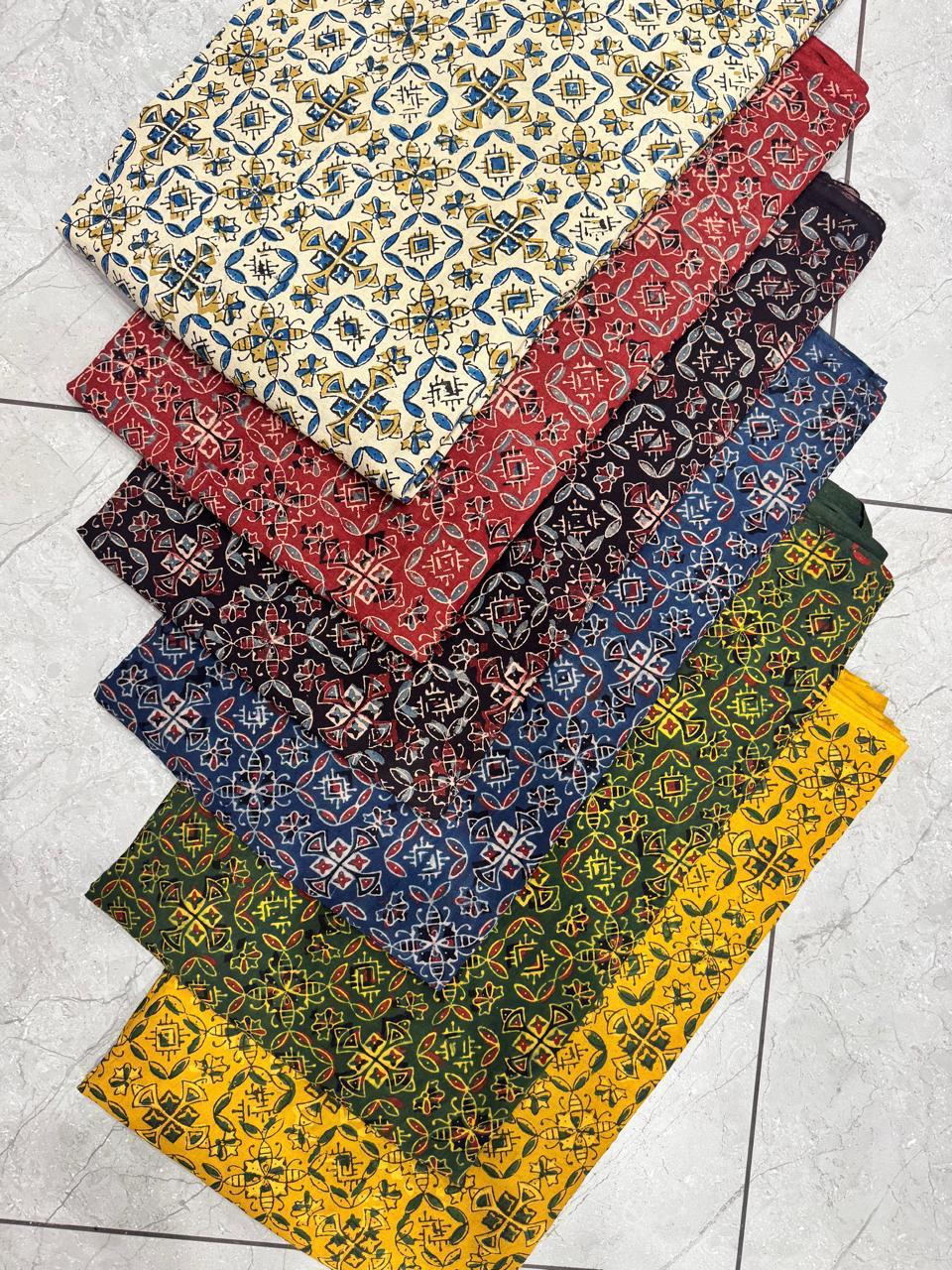 Indigo blue Ajrakh pure cotton handblock fabric with natural dye detailing, wholesale textile edition by Fabtexs.