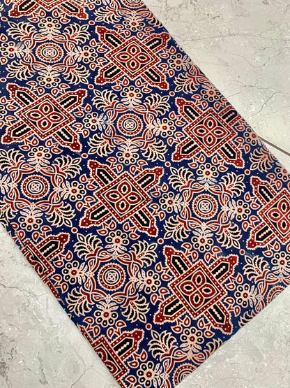 Indigo-blue Ajrakh handblock printed pure cotton wholesale fabric crafted in traditional natural dye style by Fabtexs.