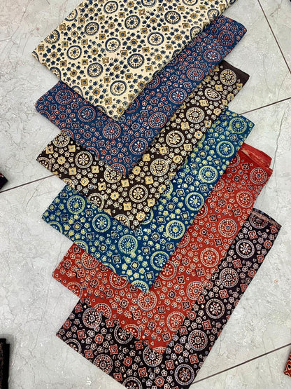 Ajrakh pure cotton handblock printed fabric in indigo tones with traditional geometric motifs