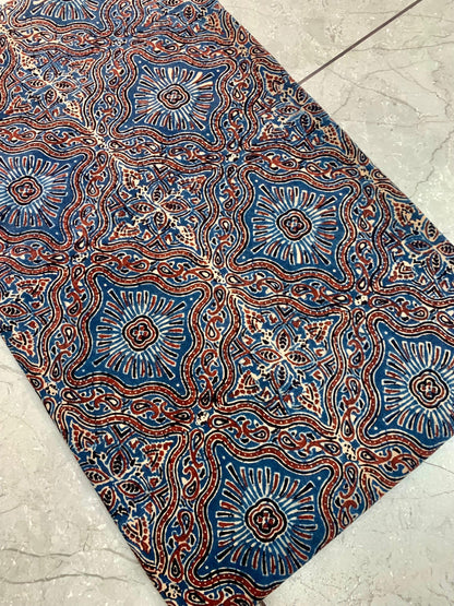 Indigo Jaal Ajrakh handblock printed pure cotton wholesale fabric with rich traditional repeating motifs.