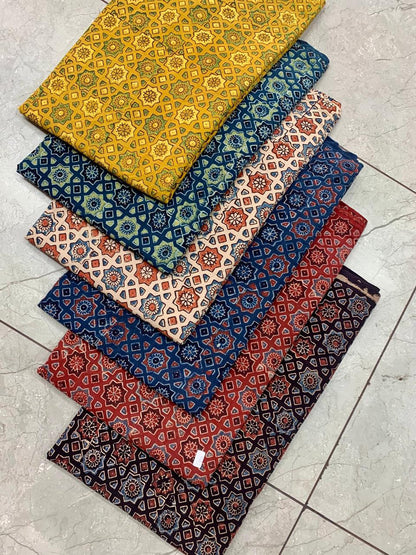 Ajrakh pure cotton handblock printed fabric in indigo with multicolour geometric pattern