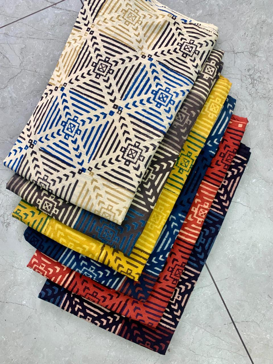 Ajrakh pure cotton handblock printed fabric in indigo with multicolour geometric pattern