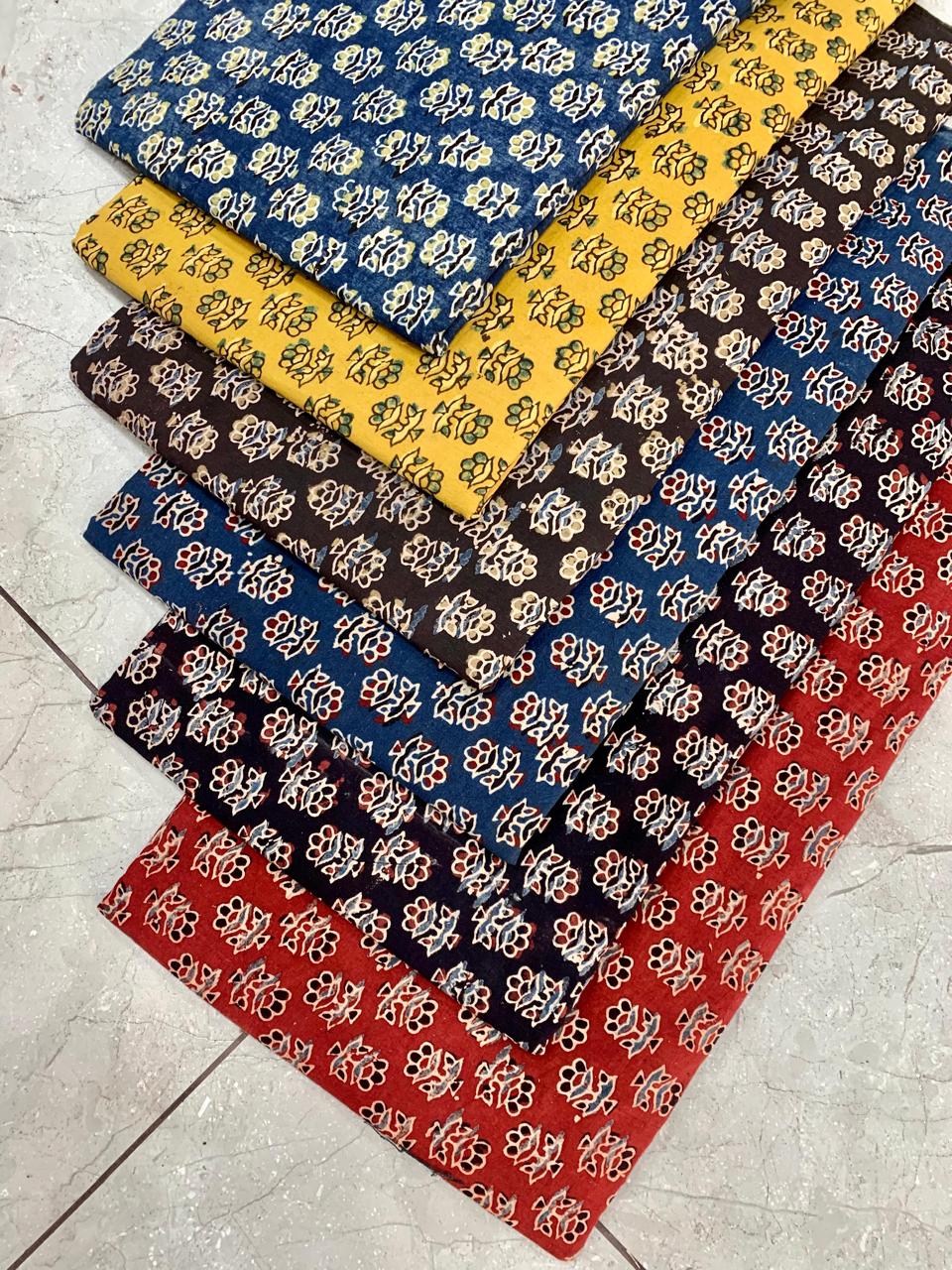 Ajrakh pure cotton handblock printed fabric in indigo riyal design with multicolour natural dyes