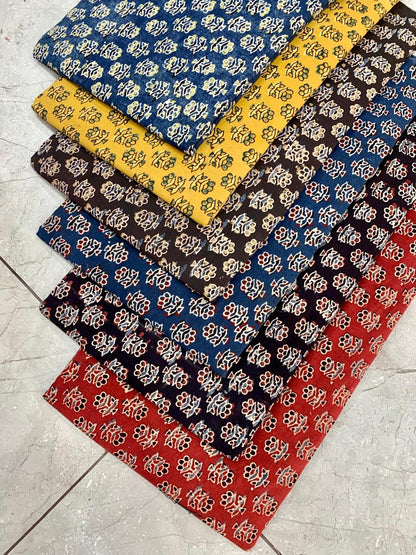 Ajrakh pure cotton handblock printed fabric in indigo riyal design with multicolour natural dyes