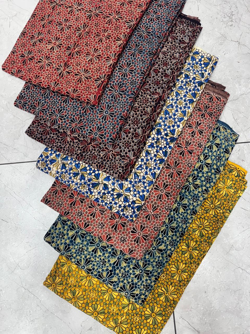 Ajrakh handblock printed pure cotton fabric in traditional jaal pattern, artisan-dyed for wholesale buyers at Fabtexs.