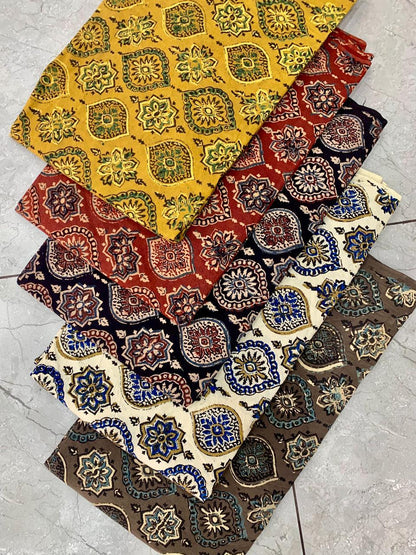 Lotus motif multicolor Ajrakh handblock printed cotton fabric – eco-friendly wholesale fabric by Fabtexs