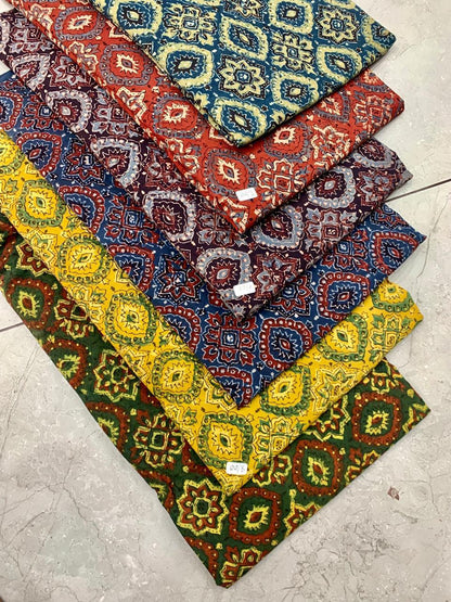 Artisan-crafted Ajrakh cotton fabric wholesale showcasing classic manufacturing-style geometric print by Fabtexs.