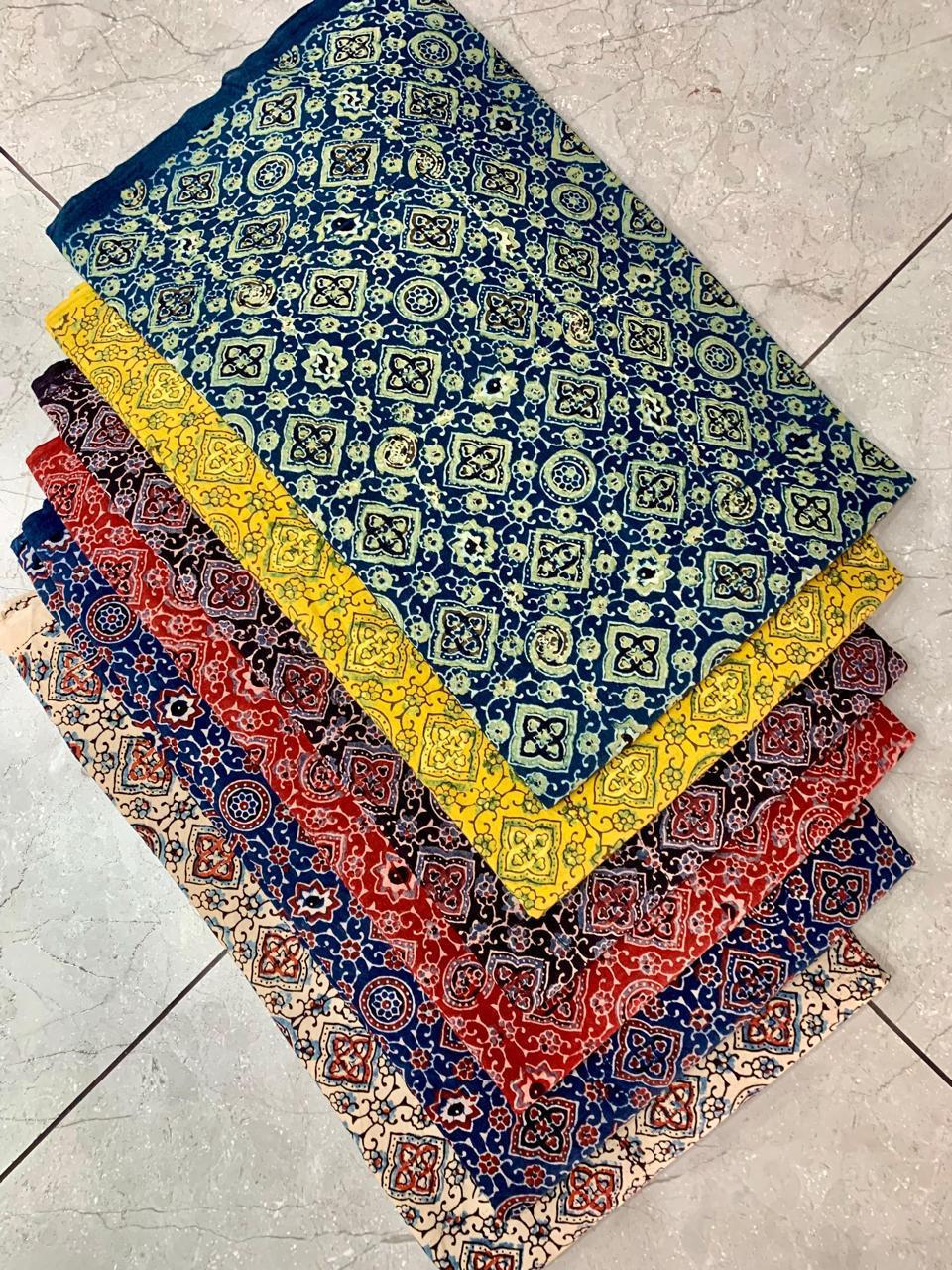 Artisan-crafted Ajrakh cotton fabric wholesale showcasing classic manufacturing-style geometric print by Fabtexs.