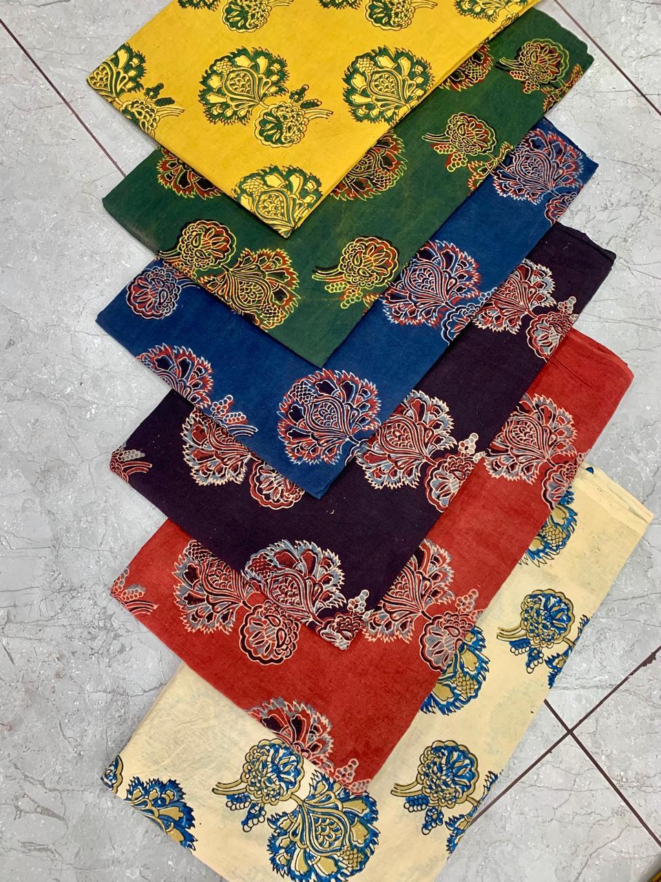 Ajrakh pure cotton handblock printed fabric with multicolour big butta pattern