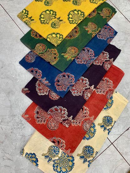 Ajrakh pure cotton handblock printed fabric with multicolour big butta pattern