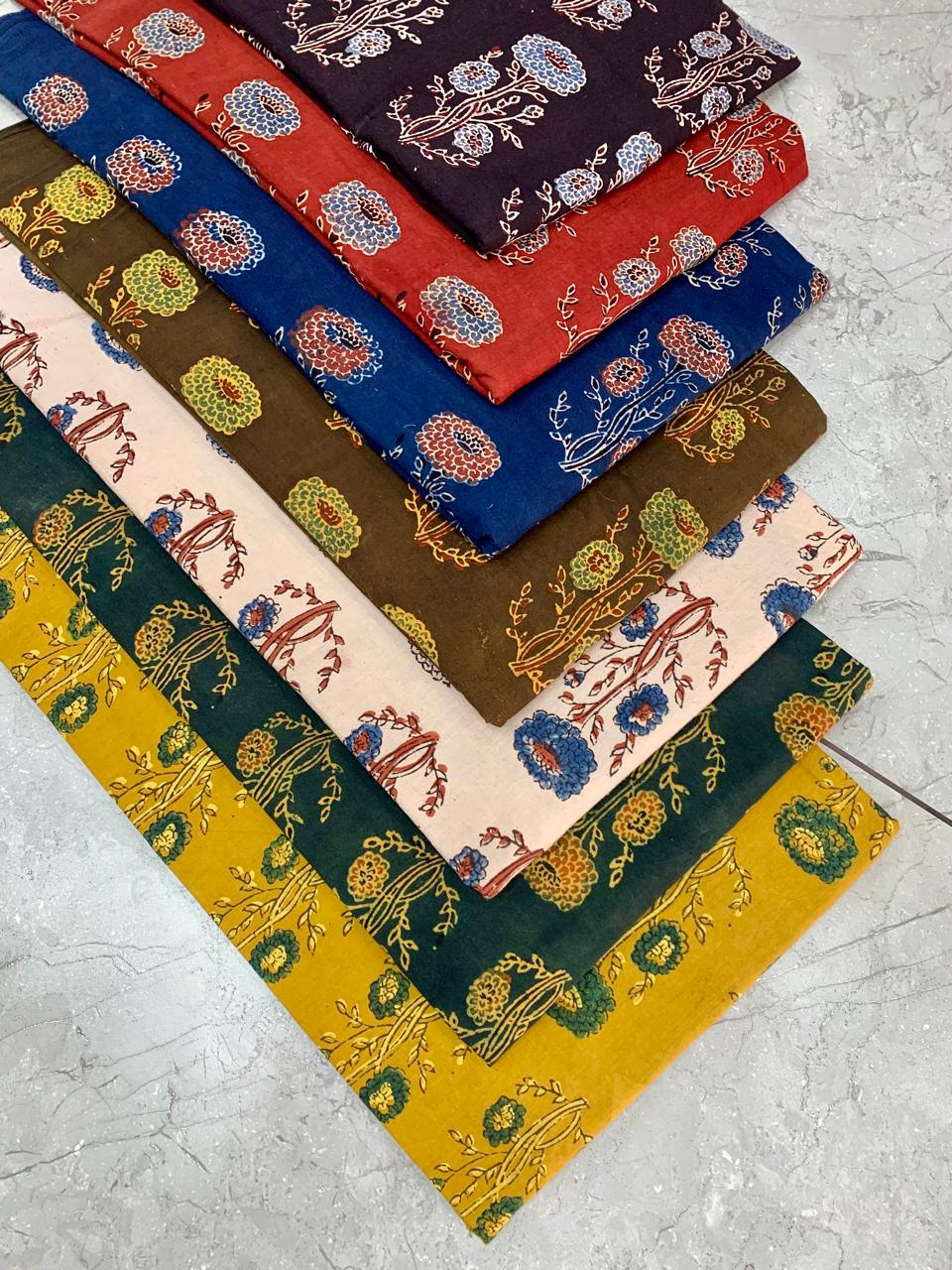 Ajrakh pure cotton handblock printed fabric with multicolour floral big butta motifs