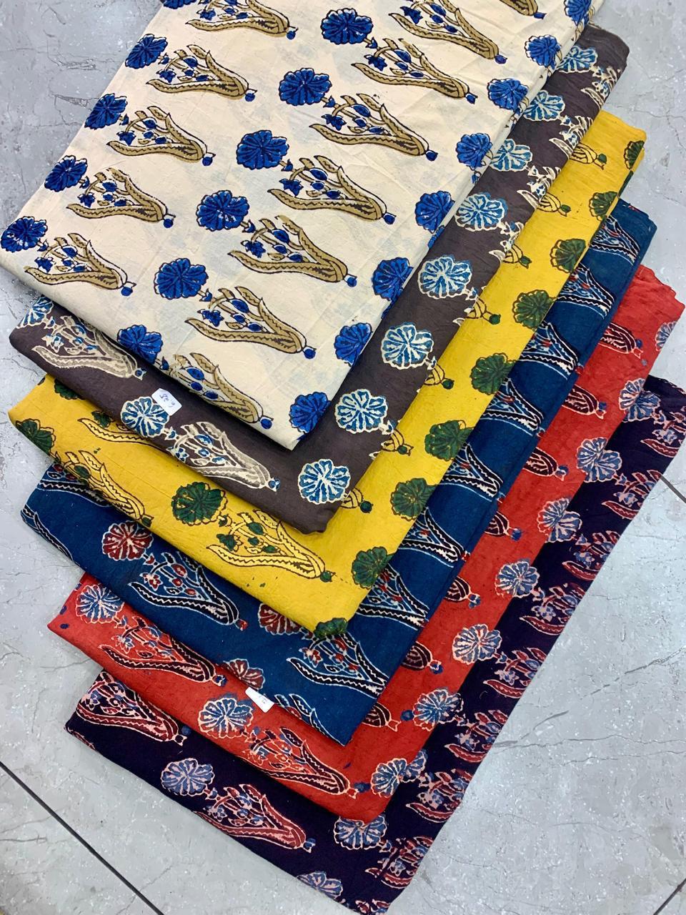 Ajrakh multi-butta design handblock printed pure cotton wholesale fabric, naturally dyed and artisan-made by Fabtexs