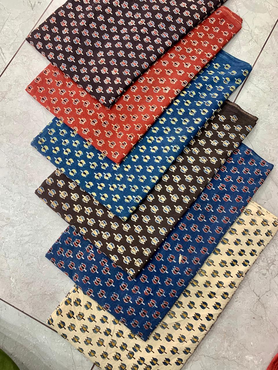 Ajrakh pure cotton handblock printed fabric with multicolour butti motifs in traditional layout