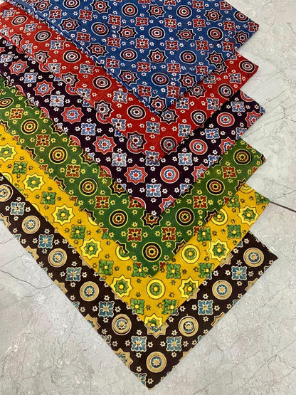 Ajrakh pure cotton handblock printed fabric in black base with multicolour geometric patterns