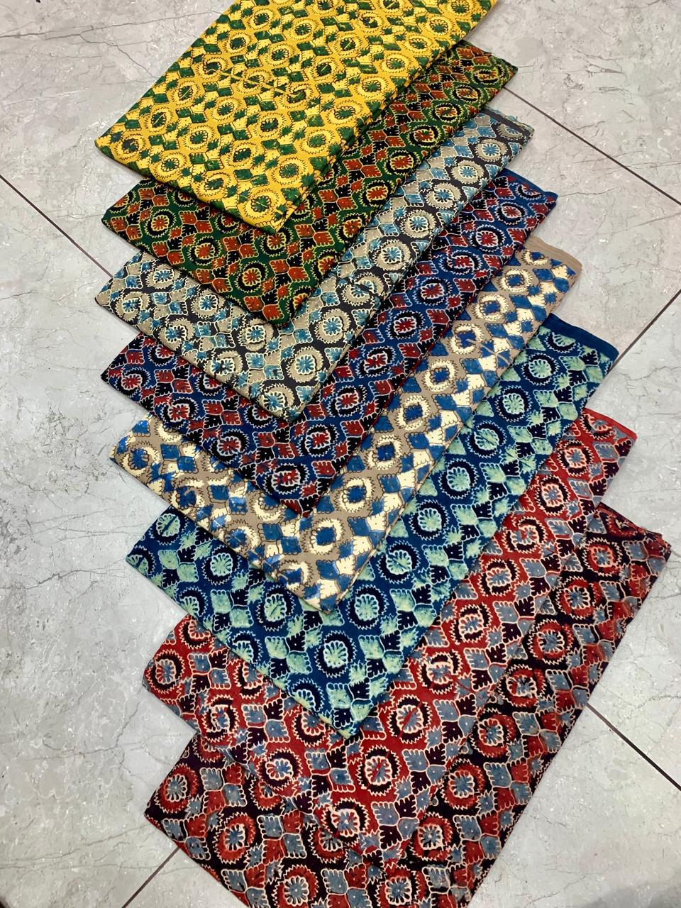 Ajrakh pure cotton handblock printed fabric in black base with multicolour geometric patterns