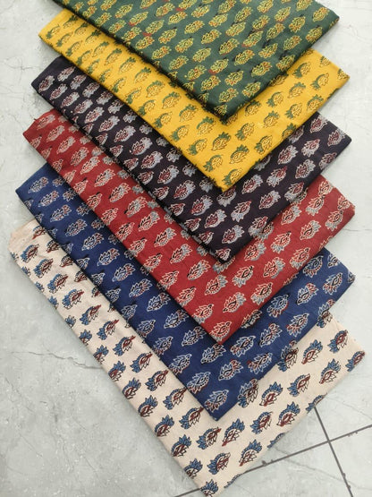 Indigo-tone multi-color Ajrakh handblock printed cotton fabric wholesale, natural-dye craft by Fabtexs.