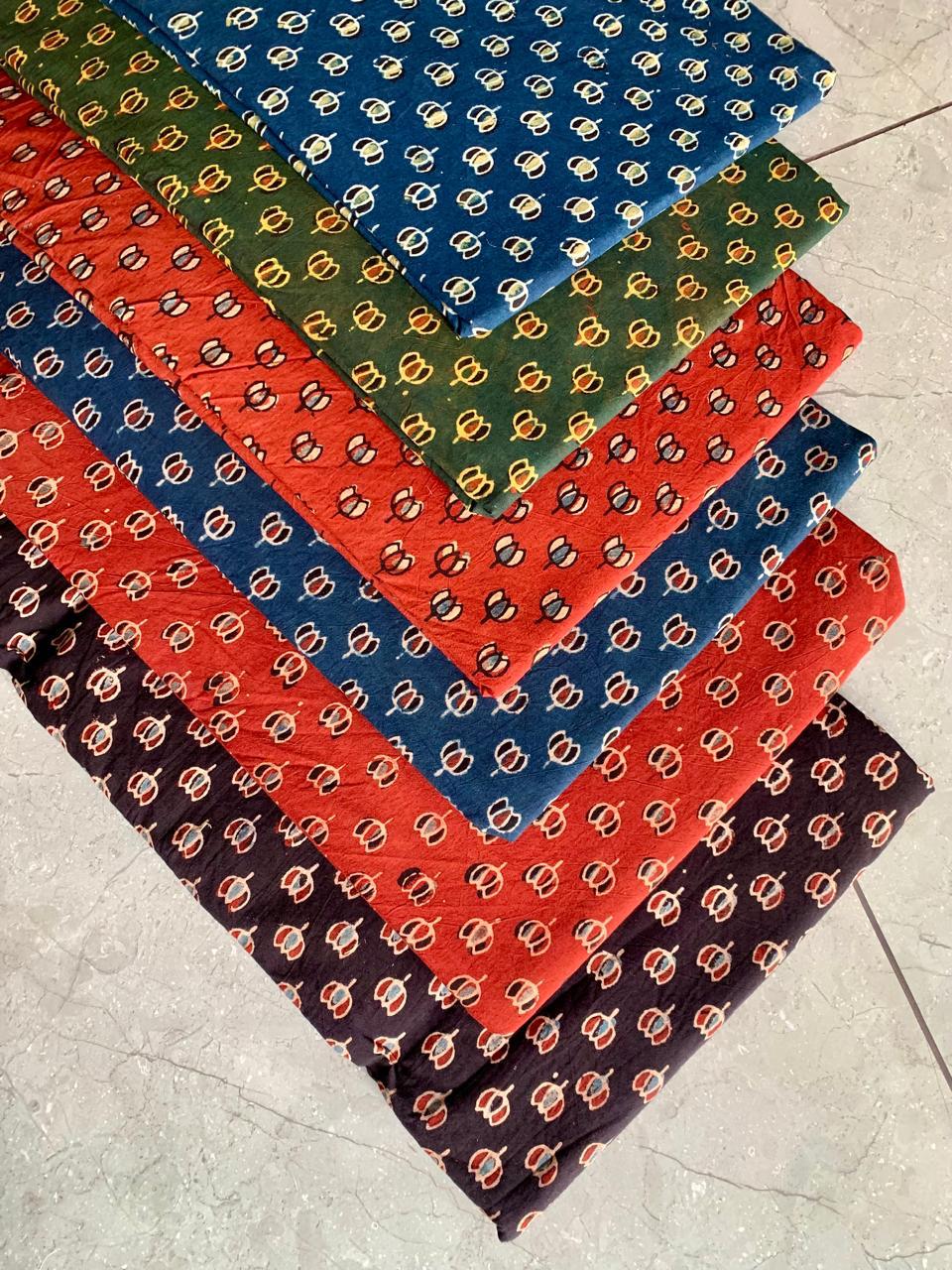 Ajrakh pure cotton handblock printed fabric in maroon base with multicolour butti pattern