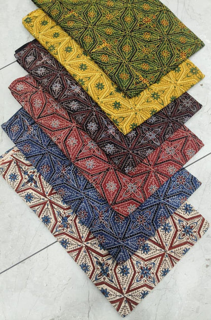 Maroon-accent multi-color Ajrakh pure cotton handblock printed wholesale textile crafted by Fabtexs artisans.