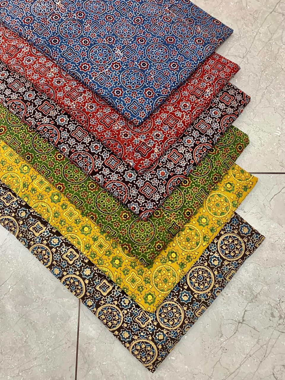 Ajrakh pure cotton handblock printed fabric in indigo base with multicolour artisan motifs