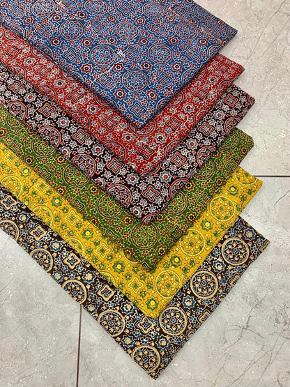 Ajrakh pure cotton handblock printed fabric in indigo base with multicolour artisan motifs
