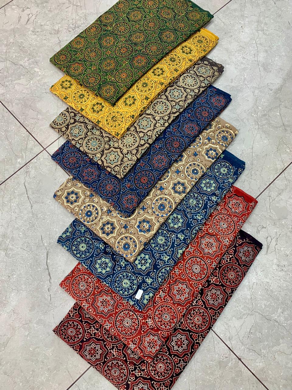 Ajrakh pure cotton handblock printed fabric in indigo base with multicolour artisan motifs