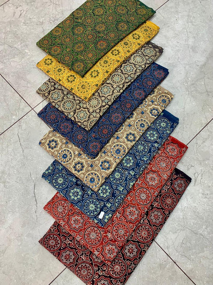 Ajrakh pure cotton handblock printed fabric in indigo base with multicolour artisan motifs