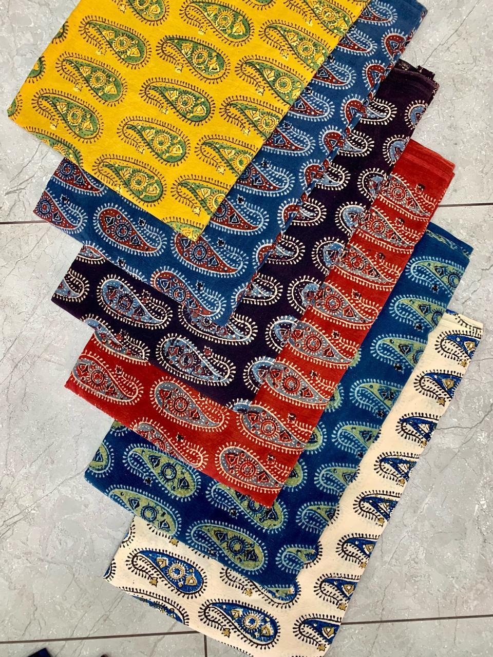 Ajrakh pure cotton handblock printed fabric in cream base with multicolour handblock motifs