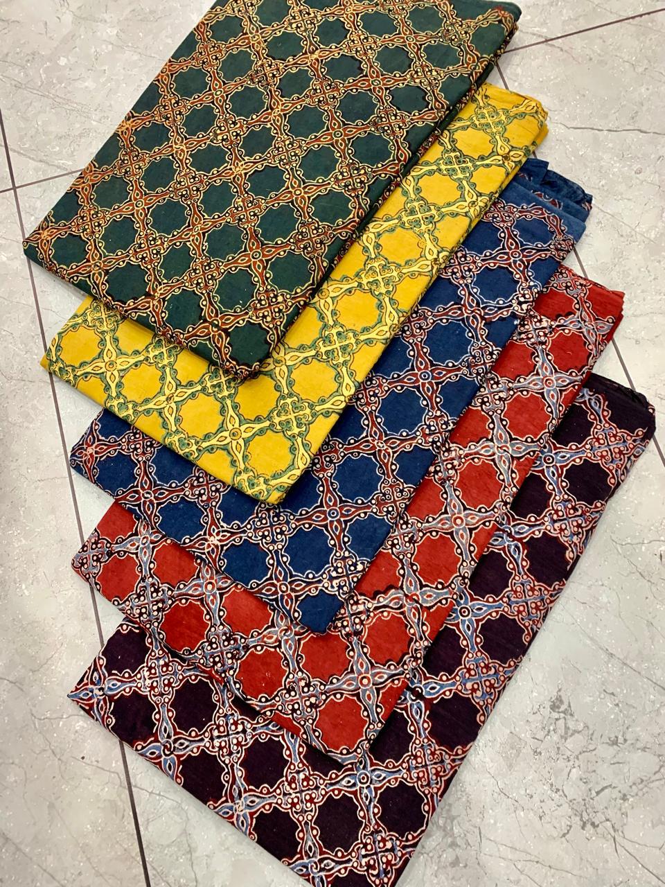 Ajrakh pure cotton handblock printed fabric in cream base with multicolour handblock motifs