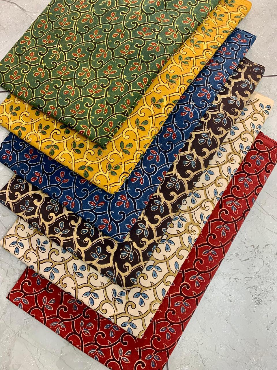 Multicolour floral Ajrakh pure cotton handblock wholesale fabric with traditional motifs, crafted by Fabtexs artisans